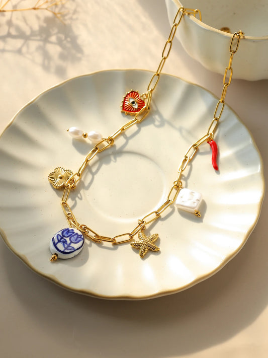 Enchanting Tulip Ceramic Pendant Necklace With Pearl Eye Flower Starfish Charm In Stainless Steel Women Jewelry 💎🌷🐚