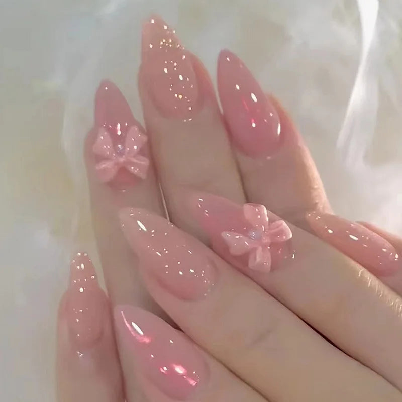 Kawaii 24Pcs Blush Pink Almond Press-On Nails 🌸✨ with 3D Bow Knot Decor - Sweet Glossy Full Cover Tips for Creative Nail Art! 💖💅