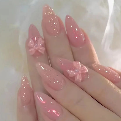 Kawaii 24Pcs Blush Pink Almond Press-On Nails 🌸✨ with 3D Bow Knot Decor - Sweet Glossy Full Cover Tips for Creative Nail Art! 💖💅