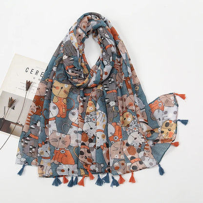 Playful Cat Print Fringed Scarf Women Cotton Viscose 180x85 Cm 🐈✨