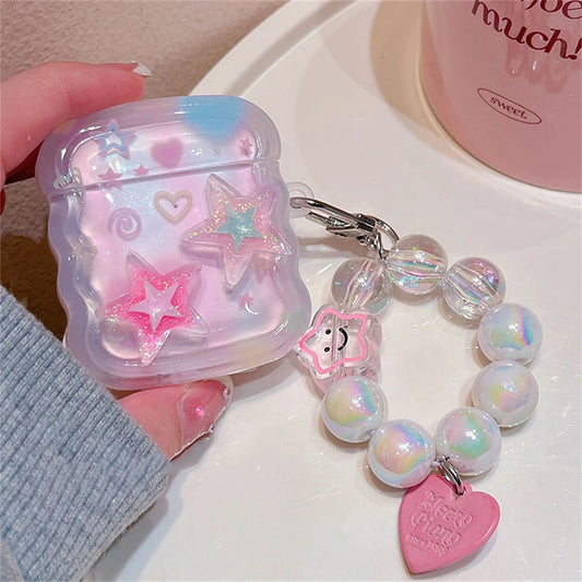 Korean Cute 3D Pink Star Wavy Border Headphones Case For AirPods 1 2 3 With Love Heart Bead Pendant Soft Cover For AirPods Pro 2 - Pixie Quill
