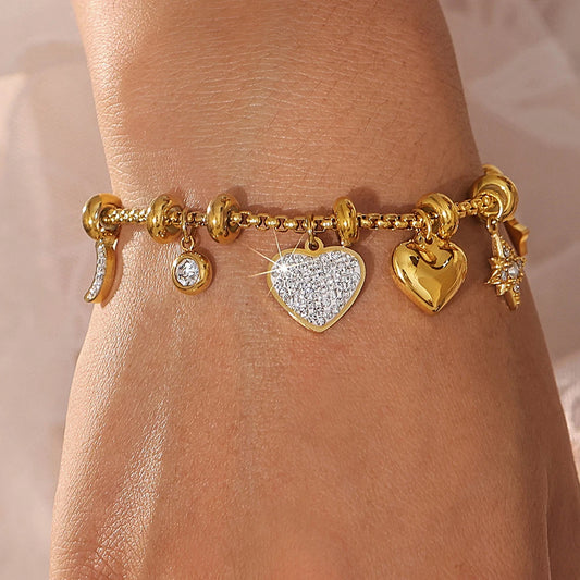 Kawaii Moon & Heart Stainless Steel Charm Bracelet 🌙💖 | Cute Luxury Jewelry Gift for Women 🎁✨