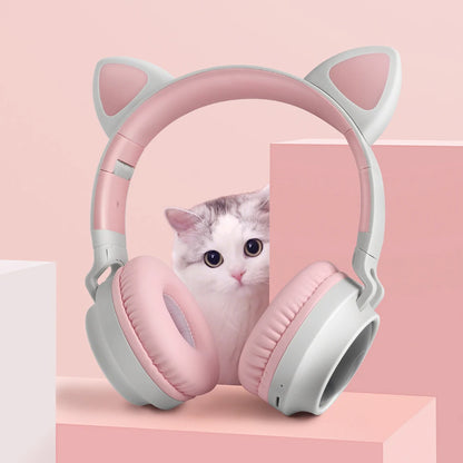 ✨ Kawaii Cat Ear Bluetooth Headphones 🎶 - Adorable LED Music Headset for Girls 💖 - Supports TF Card & FM Radio! 🌈