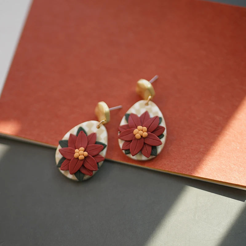 Handmade Floral Wreath Polymer Clay Pattern Earrings Set Multi Color Christmas Dangle Jewelry 🎄🌸✨