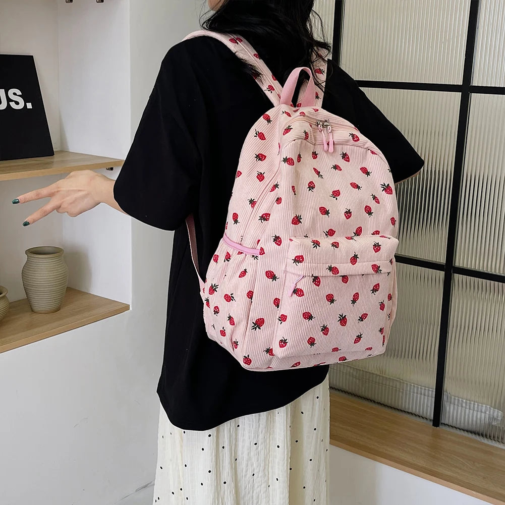 Women Kawaii Strawberry Pattern Backpacks with Pendant Corduroy School Knapsack Multi-pockets Students Daily Schoolbags Mochilas - Pixie Quill