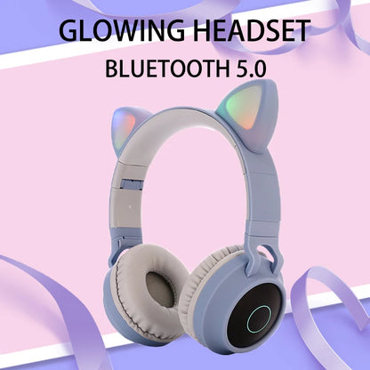 ✨ Kawaii Cat Ear Bluetooth Headphones 🎶 - Adorable LED Music Headset for Girls 💖 - Supports TF Card & FM Radio! 🌈