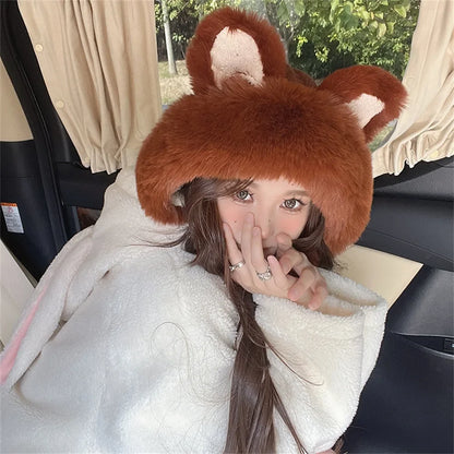 Cute Winter Fox Ear Knitted Hat 🦊❄️ - Adorable Plush Bonnets for Women to Keep Warm and Stylish!