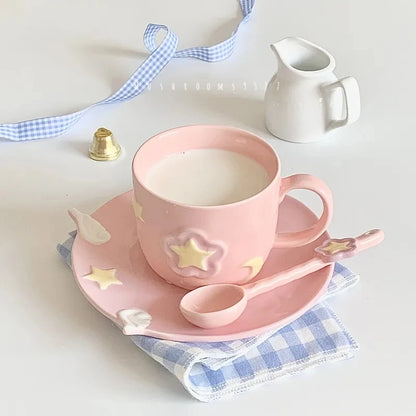 Pink Winged Tea Set ☕🌸 - 3D Star Mug & Saucer with Spoon ✨