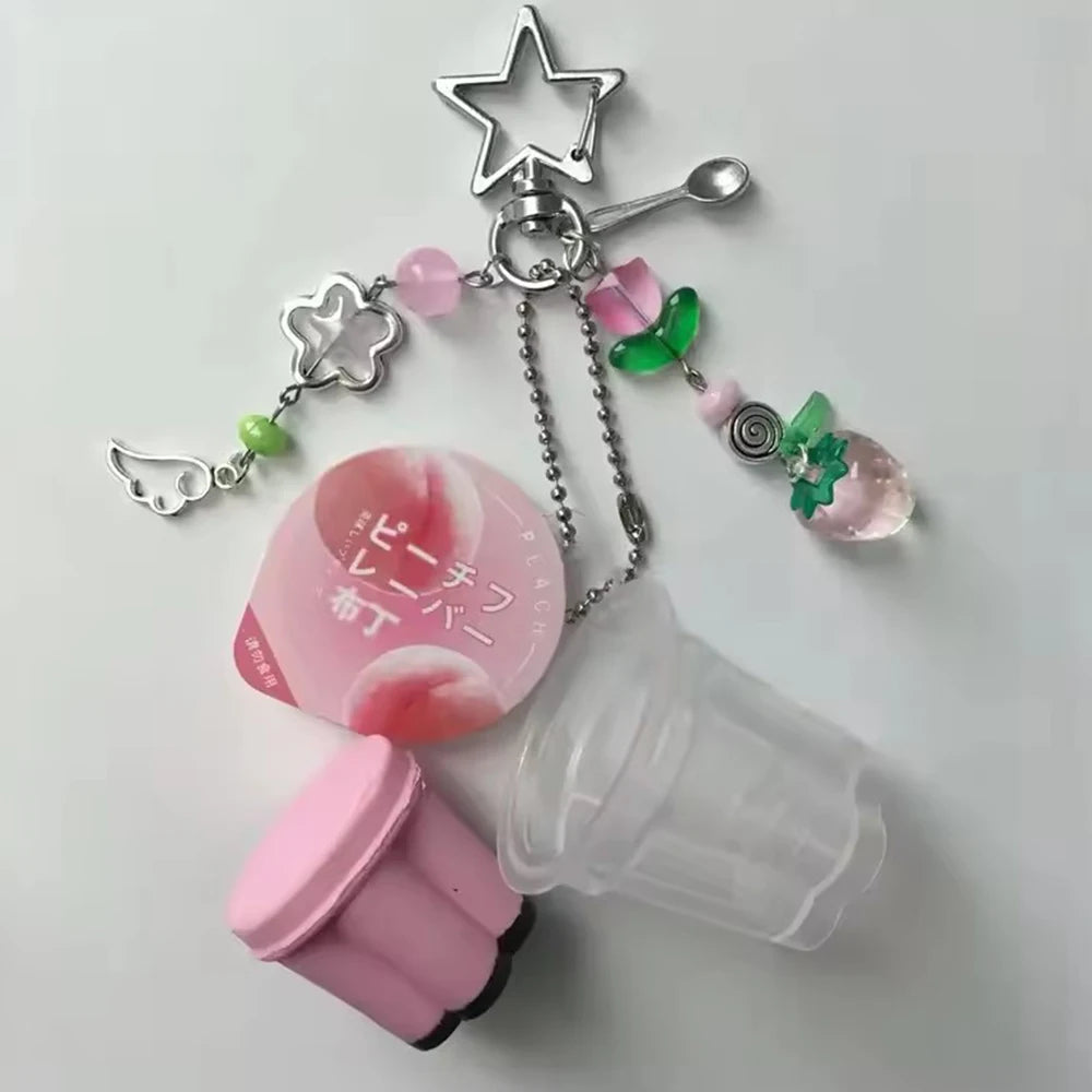 Pastel Pudding Keychain Beaded Charm Y2K Heisei Retro Aesthetic Cute Egg Flan Accessory 🍮✨🎀