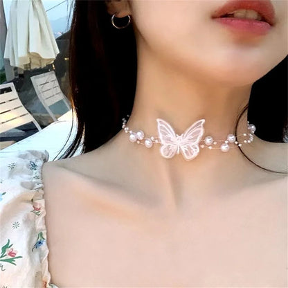 Kawaii Butterfly Choker Necklace with Imitation Pearls & Snake Chain ✨💖 Perfect for Party Vibes!