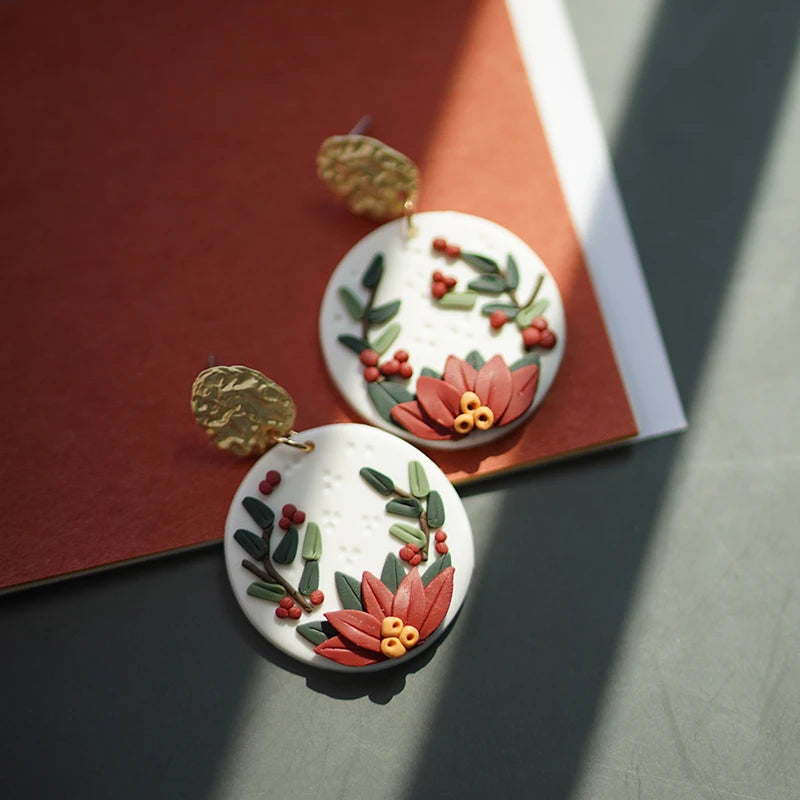 Handmade Floral Wreath Polymer Clay Pattern Earrings Set Multi Color Christmas Dangle Jewelry 🎄🌸✨