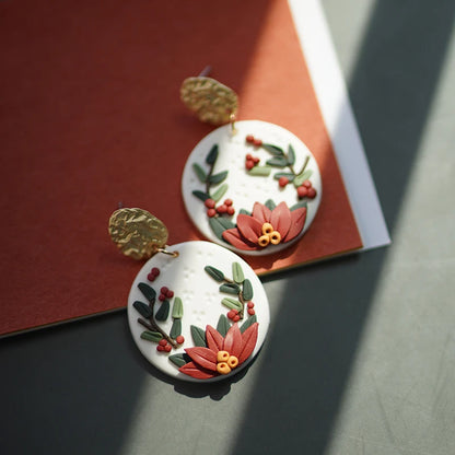 Handmade Floral Wreath Polymer Clay Pattern Earrings Set Multi Color Christmas Dangle Jewelry 🎄🌸✨