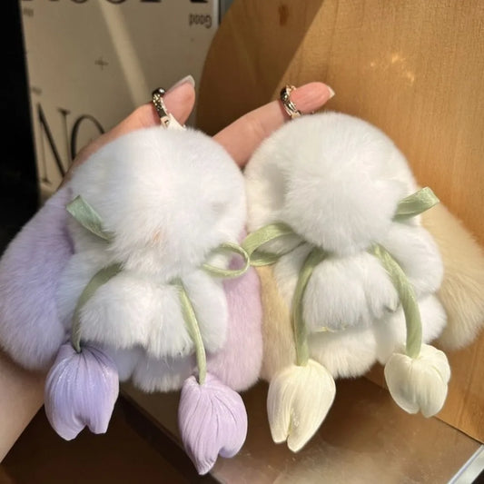 Fashion Tulips Rabbit Fur Keychain Alloy Ring Bag Charm Plush Bunny Pendant 🐰✨