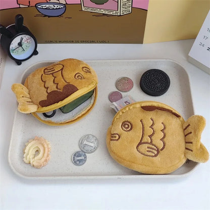Kawaii Taiyaki Plush Pencil Case 🐟✨ - Adorable Lipstick & Key Zipper Storage Bag for Kids 🎀🎧