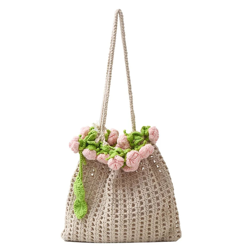 Rose Crochet Handbag Cute Spring Knitted Shoulder Bag Floral Bloom 🌸💖