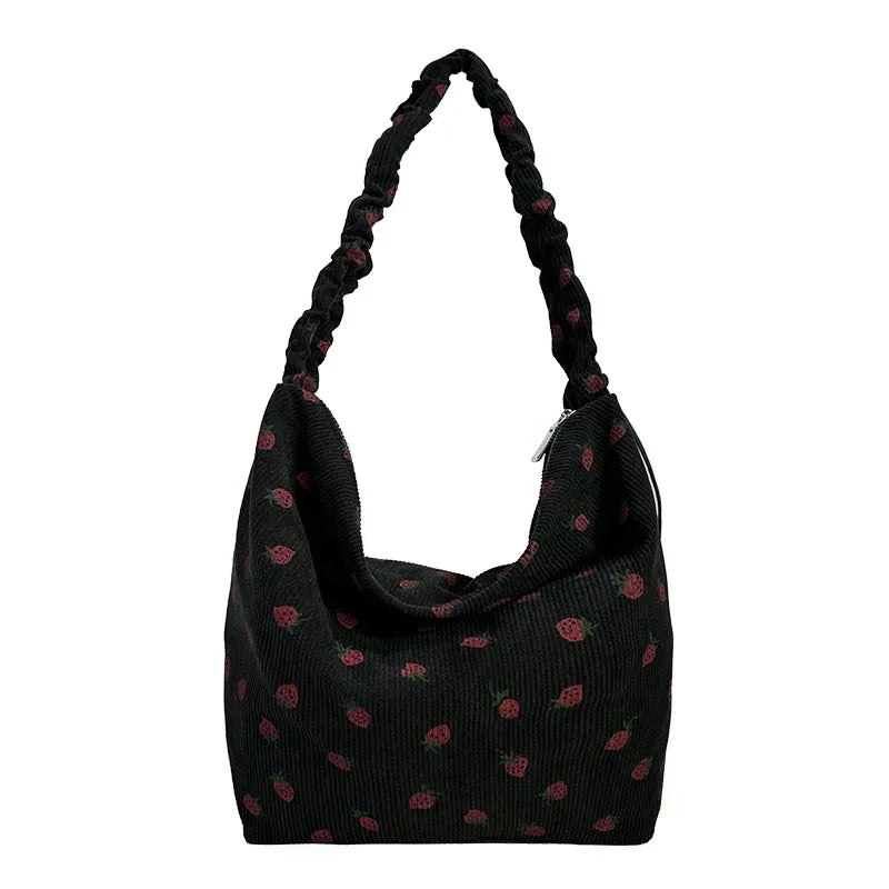 Cute Strawberry Print Corduroy Bucket Bag 🍓✨ | Stylish Pleated Crossbody Messenger Handbag for Women 💖