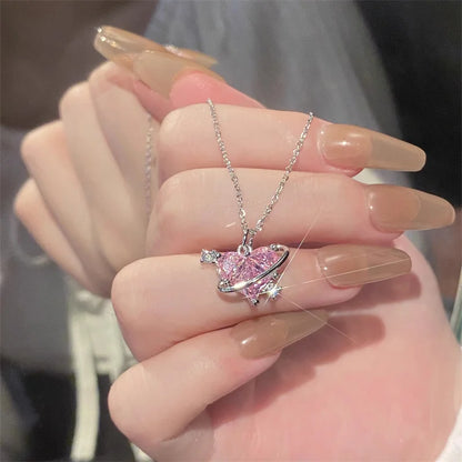 Kawaii Pink Planet Heart Zircon Pendant Necklace 🌟💖 | Trendy Clavicle Chain for Fashionable Women | Perfect Valentine's Day Gift 🎁✨