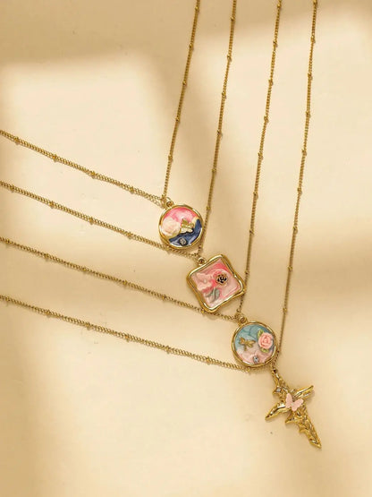 Women's Stainless Steel Gold Necklace With Pearl Zircon Flower Pendant Dripping Enamel Art Jewelry 💖🌸