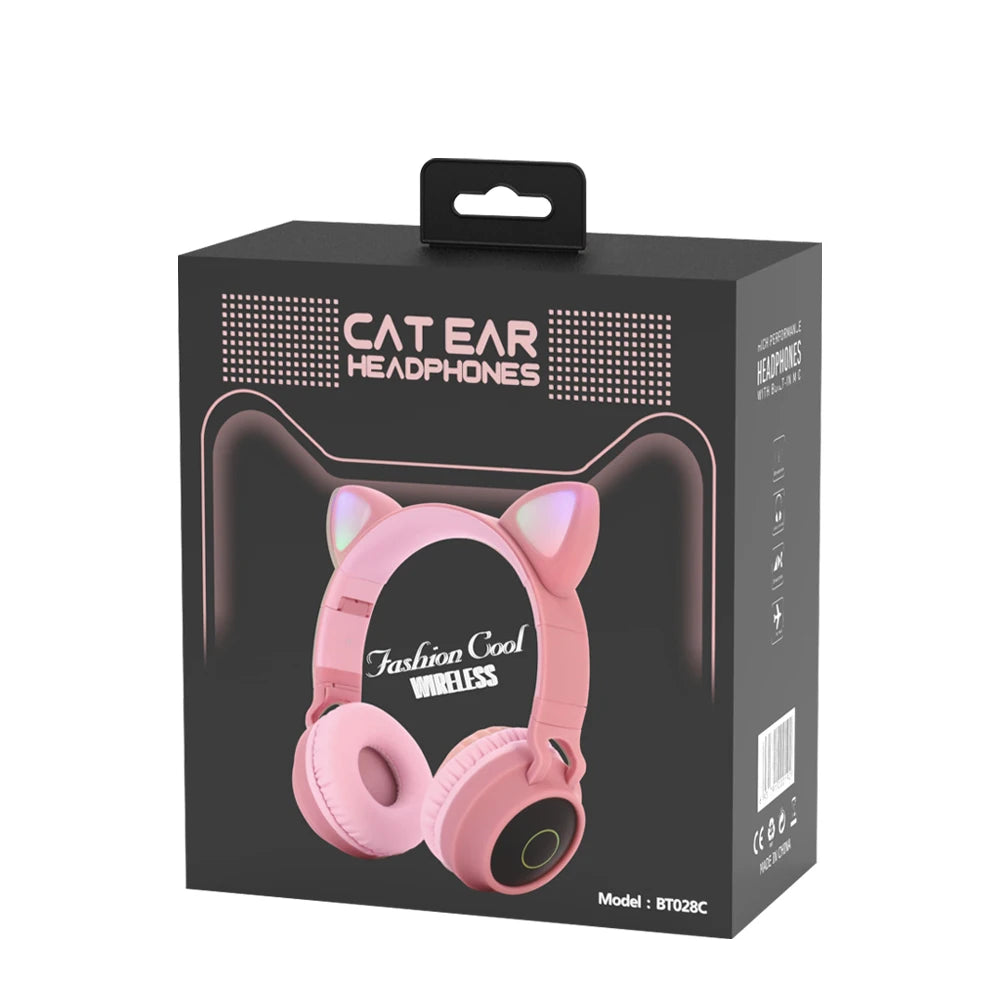 ✨ Kawaii Cat Ear Bluetooth Headphones 🎶 - Adorable LED Music Headset for Girls 💖 - Supports TF Card & FM Radio! 🌈
