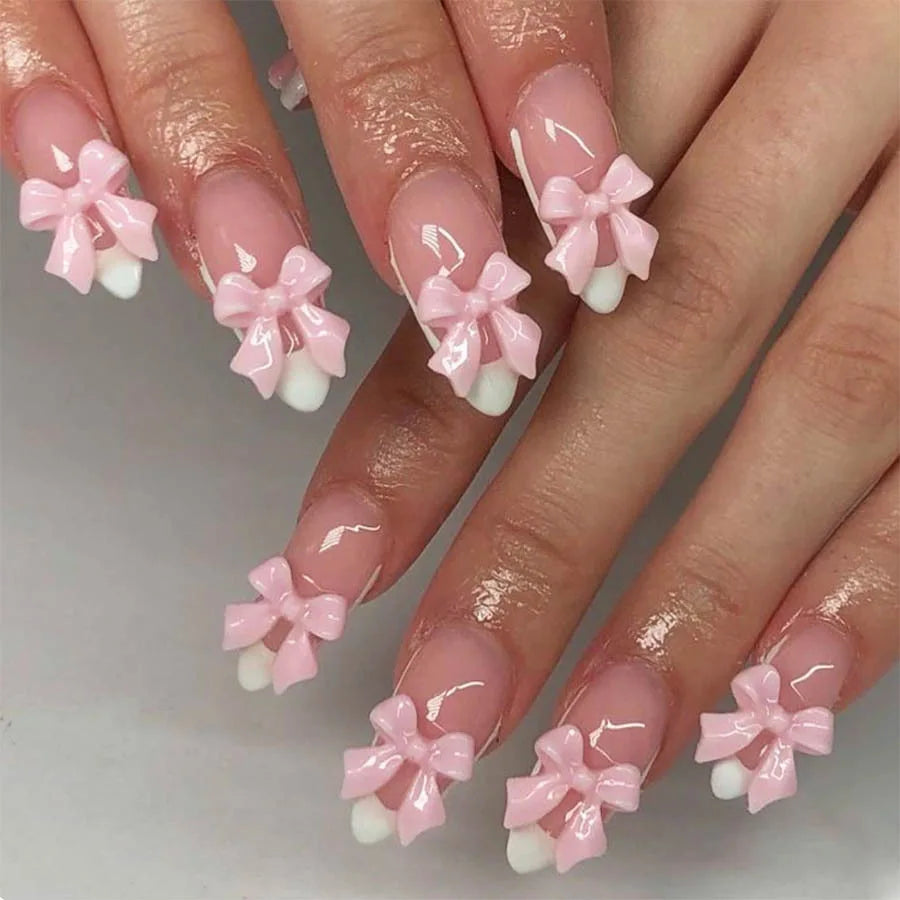 Kawaii Pink Bow French Nail Art - 24PC Almond Press-On Nails 🎀💅✨