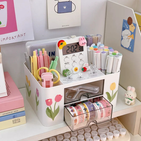 Kawaii Desktop Pen Holder 🌈✨ Cute Storage Box with Drawer for Office & School Supplies 🖊️📏