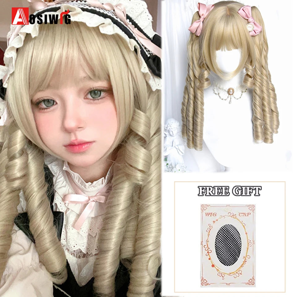 Cute Ombre Blonde & Black Double Ponytail Lolita Wig 🎀✨ - Kawaii Cosplay Hair with Bangs for Harajuku Style! 💖👸
