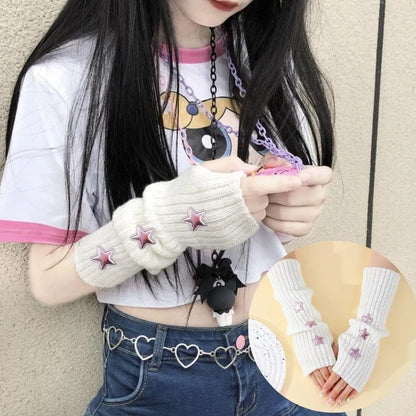 Y2K Fingerless Gloves Women Knitted Arm Warmers Cute Star Decor ⭐ Cozy Winter