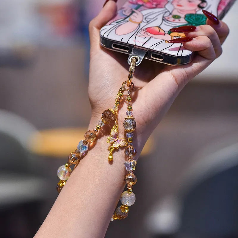 Crystal Phone Chain With Butterfly Pendant, Sweet Gold Bead Wrist Strap 💎🦋