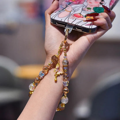 Crystal Phone Chain With Butterfly Pendant, Sweet Gold Bead Wrist Strap 💎🦋