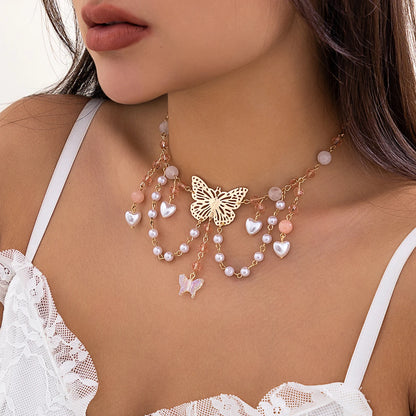 Kawaii Butterfly Love Heart Pendant Necklace ✨🌸 | Y2K Choker with Imitation Pearls & Tassel Charm for Women 🦋💕