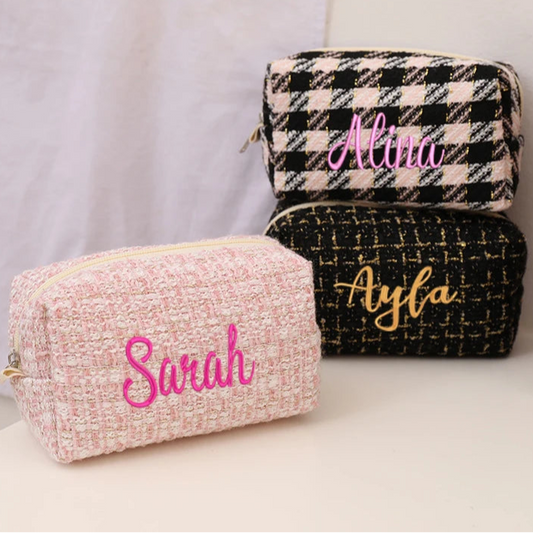 Cute Customizable Velvet Makeup Bag 🎀 | Kawaii Plaid Travel Pouch ✨ | Perfect Birthday Gift 🎁