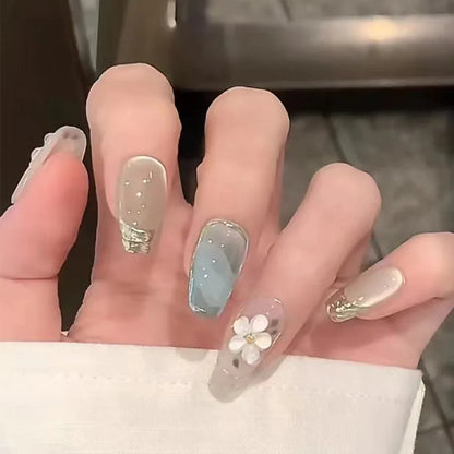 Kawaii Dreamy Starry Press-On Nails 🌙✨ | 24pcs Gradient Blue French Tips with Gold Moon Designs 🌟💅 for Sweet Almond Looks!