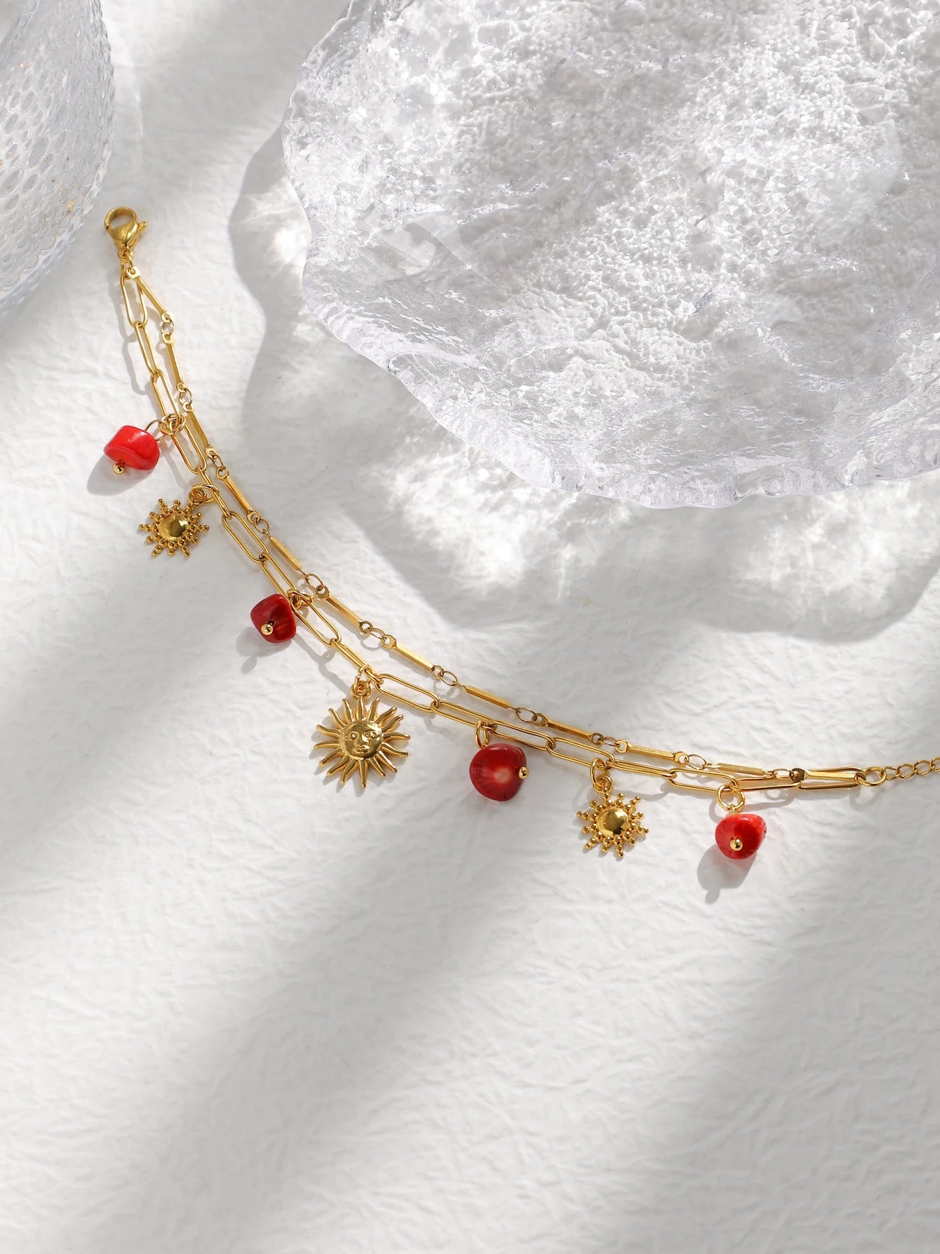 Cute Red Natural Stone Sun Pendant Double Bracelet In Stainless Steel Gold Tone For Women Birthday Gift 💖🌞
