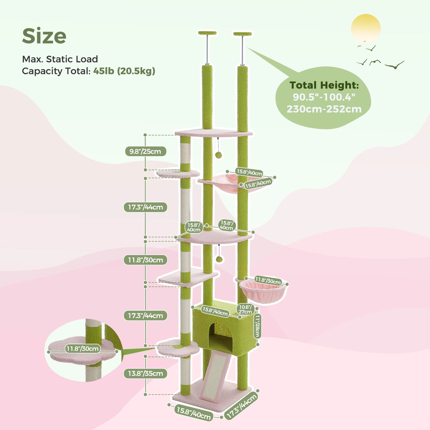 Cactus Cat Tree Floor To Ceiling Tower With Adjustable Height And Hammock 🐱🐾