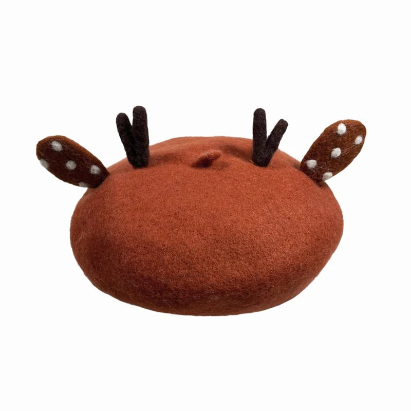 Elk Horn Deer Antlers Fox Ear Family Beret Hat Wool Felt For Kids And Women 🦊🦌