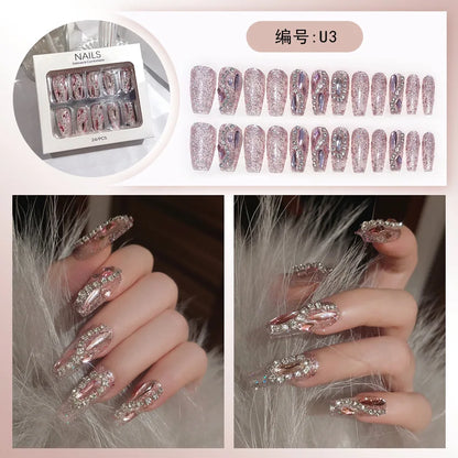 Kawaii Bunny Blossom 🌸✨ 24pcs Pink Flower Rhinestone Coffin Press-On Nails - Acrylic Nail Art for a Cute Touch! 🐰💖