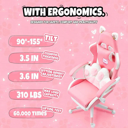 Kawaii Cat Ears Gaming Chair 🐾💖 | Ergonomic Pink PC Chair with Plush Lumbar Cushion & Footrest 🐱✨