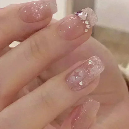 Kawaii Blush Pink Glitter Cat Eye Press-On Nails 💖✨ | 24Pcs Cute Coffin Full Cover Short Square Nail Art Tips