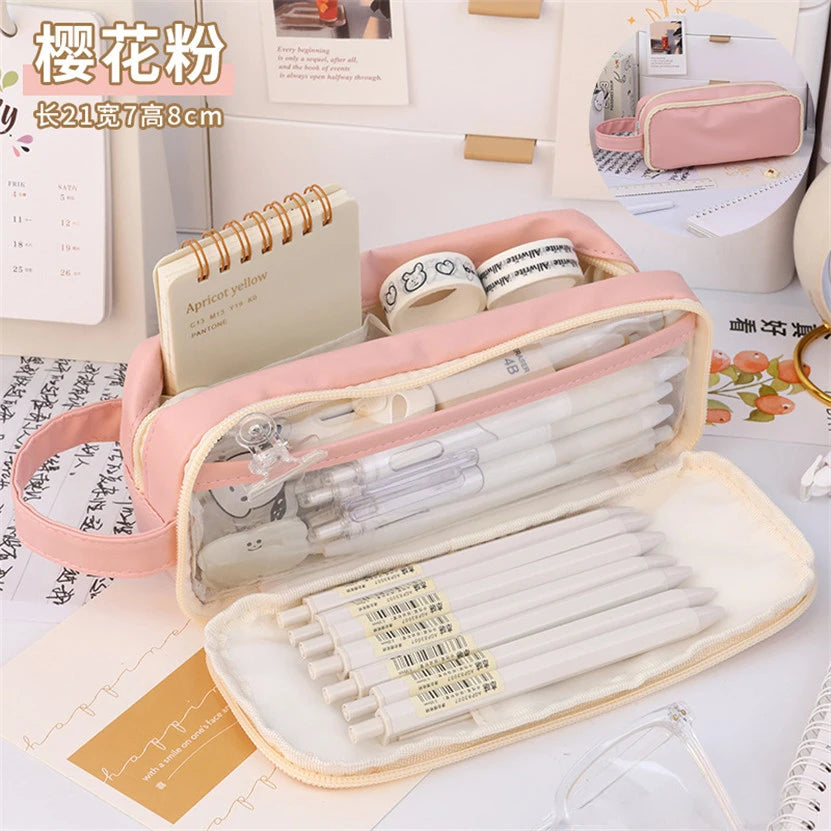 Kawaii Transparent Pencil Case 🍭✨ | Multifunctional Storage Bag for Girls 🎀 | Large Capacity Double Layer School Supplies 🎨✏️