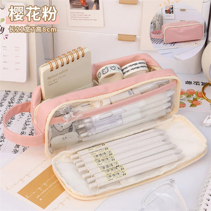 Kawaii Transparent Pencil Case 🍭✨ | Multifunctional Storage Bag for Girls 🎀 | Large Capacity Double Layer School Supplies 🎨✏️