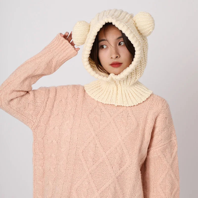 Y2K Winter Knit Balaclava Hat For Women 🐻 Cute Bear Beanie Hooded Scarf