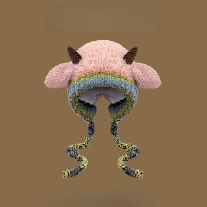 Cute Plush Knit Beanie With Earmuffs Horn Design Winter Hat For Women❄️