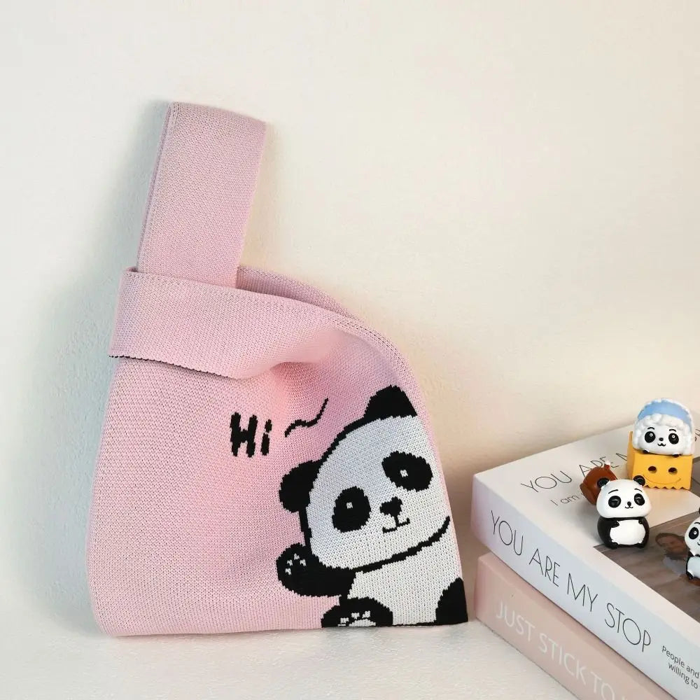 🐼 Adorable Panda Knit Tote 👜 Handmade High-Capacity Wrist Bag for Students ✨ - Pixie Quill