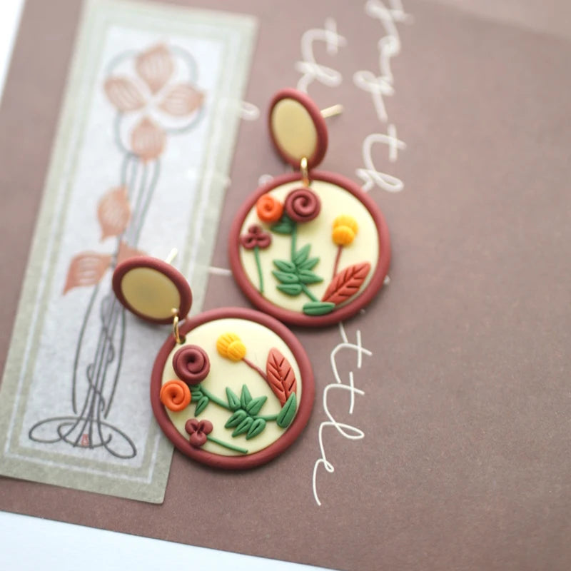 Handmade Crafts Flowers Circle Floral Multi Colors Ethnic Nature Round Polymer Clay Dangle Earrings Sets For Women Gifts