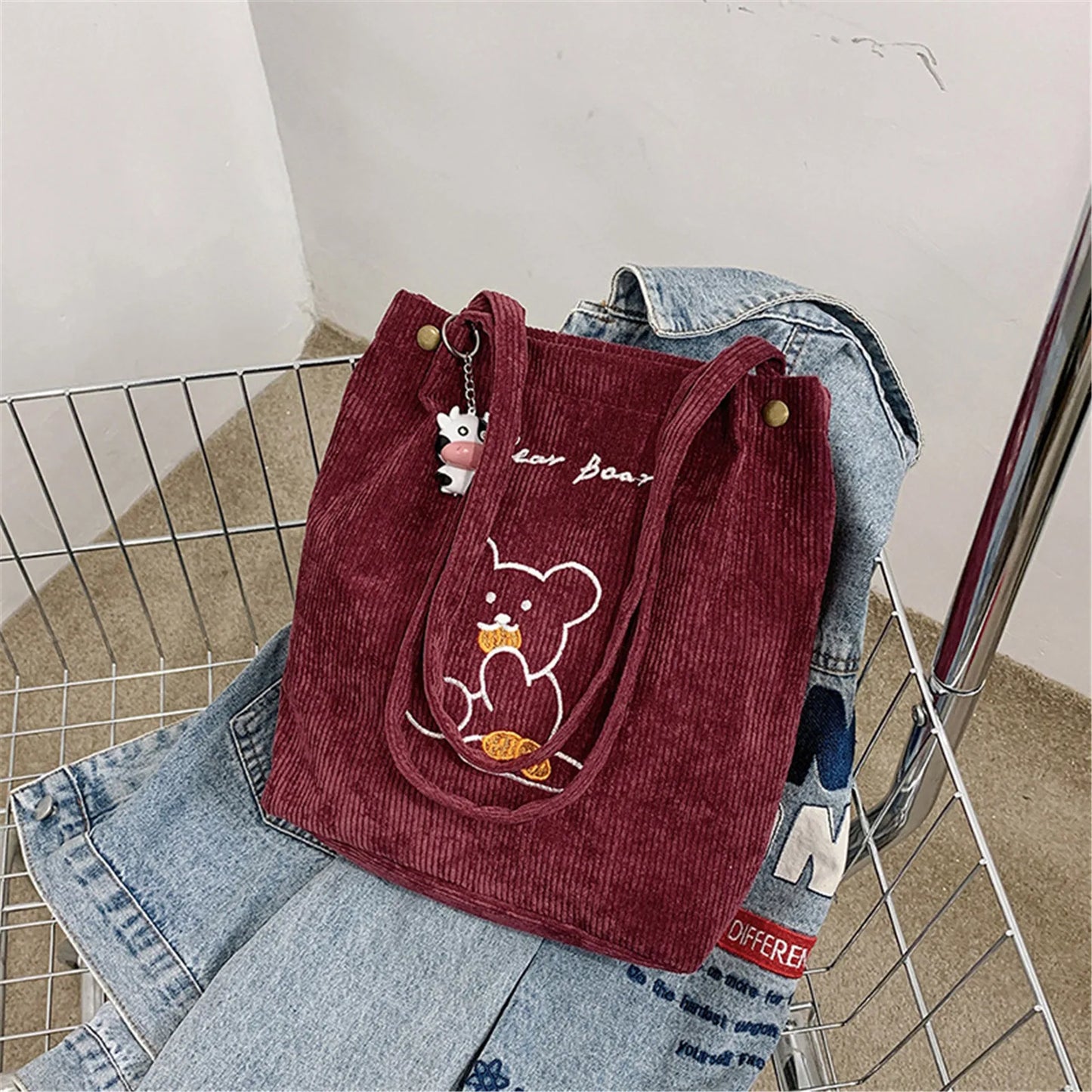 Kawaii Bear Corduroy Tote Bag - Whimsical and Foldable Shopping Companion! 🐻✨