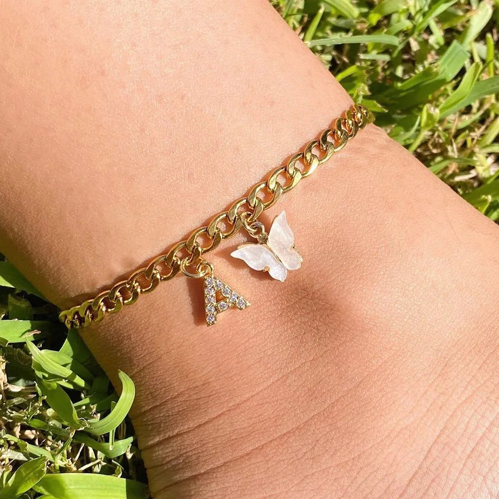 Kawaii Butterfly Initial A-Z Anklets 🌈✨ Waterproof Leg Chains for Trendy Girls | Cute Jewelry Gift for Parties 🦋💖