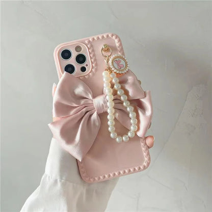 Kawaii Elegance: 3D Bow & Pearl Bracelet Soft Case for iPhone ✨💕