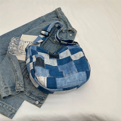 Kawaii Denim Dream 🎀✨ - Patchwork Shoulder Bag for Trendy Girls, Versatile Messenger Hobo Style! 👜💖