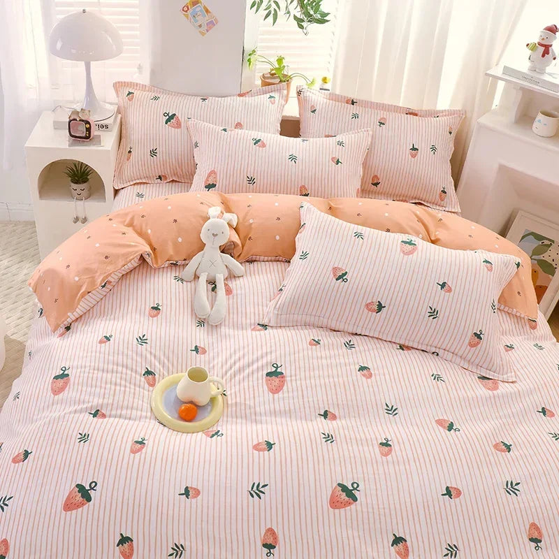 Adorable Strawberry Dreams Reversible Kawaii Bedding Set 🍓✨ Soft Cotton Duvet Cover with Pillowcases