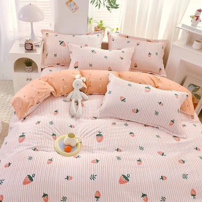 Adorable Strawberry Dreams Reversible Kawaii Bedding Set 🍓✨ Soft Cotton Duvet Cover with Pillowcases